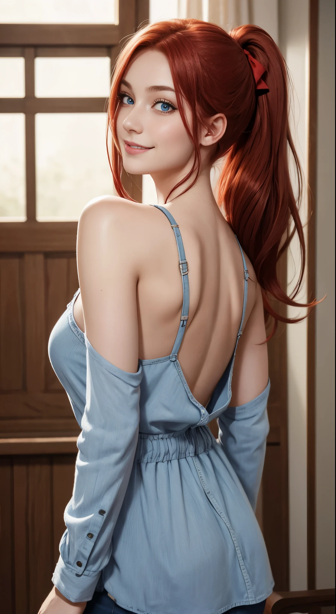 from front, looking at viewer, blush, grin, A age girl, red hair, hair ribbon, pony tail, pale, slant blue eyes, UHD, masterpiece, accurate, anatomically correct, beautiful face, perfect face, highly detailed beautiful face and eyes, attractive face, textured skin, super detail, high details, high quality, highres, best quality, 16k