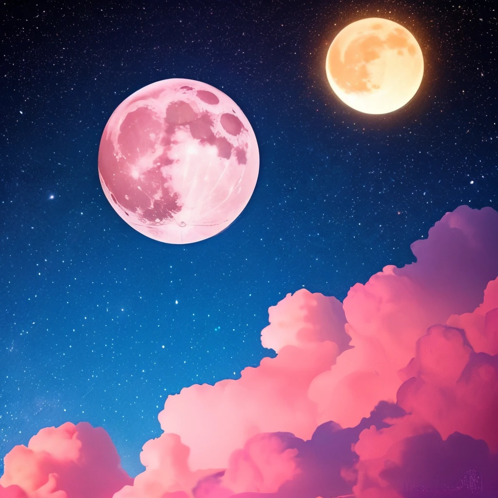 a pink moon in the sky with clouds and stars, pink moon, ☁🌪🌙👩🏾, giant pink full moon, ✨🕌🌙, heaven pink, pink skies, beautiful as the moon, pink clouds, the sky is pink, moon in the sky, ❤🔥🍄🌪, pink sky, dreamy ethereal vibe