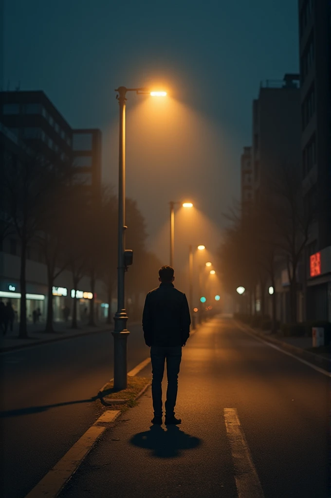 Man alone be a street lamp at night that illuminates it