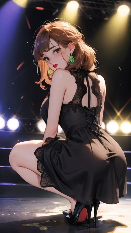 High resolution, Beautiful woman, Attention to detail, Good lighting, Obscene, conversion, ((hippie retro dress)), ((Red high heels)), Put your hands behind your head、Bare thighs, Bare arms, (((Be incontinent))), (Pee), Peeの染み, (puddle), Thick thighs, Nice long legs, lipstick, Detailed face, Cute Face, Embarrassed and blushing face, Humiliated, ((On the disco stage)), (Squat), (Front view),Stick your butt out,Open your knees