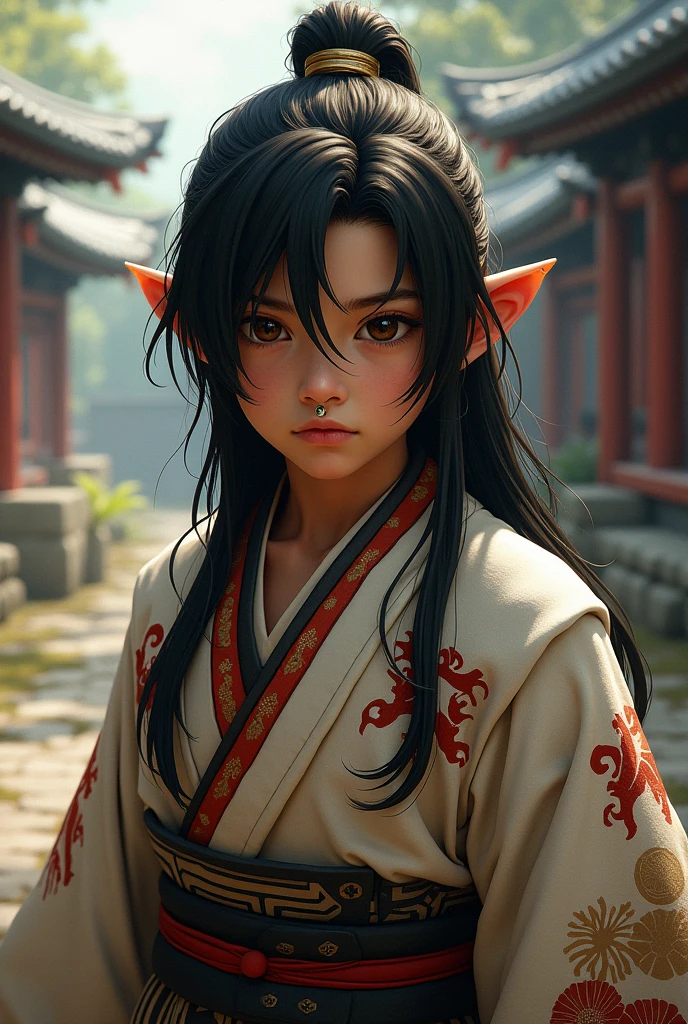 create an image of a boy, long dark hair,
with big brown eyes ,light brown skin,
Japanese warrior dress , with n nose piercing