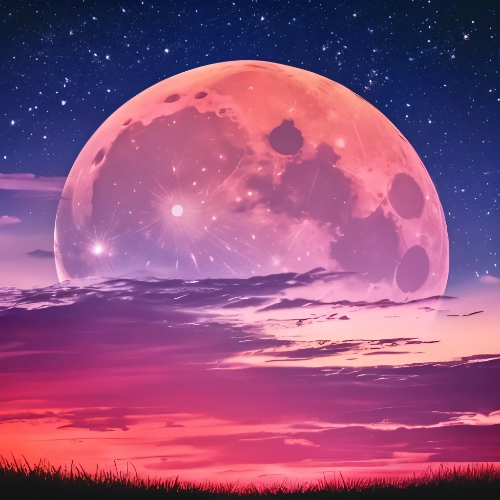 a pink moon in the sky with clouds and stars, pink moon, ☁🌪🌙👩🏾, giant pink full moon, ✨🕌🌙, heaven pink, pink skies, beautiful as the moon, pink clouds, the sky is pink, moon in the sky, ❤🔥🍄🌪, pink sky, dreamy ethereal vibe