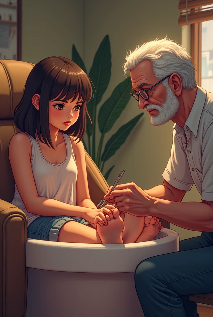 A young teenage girl getting pedicure done by a older male 