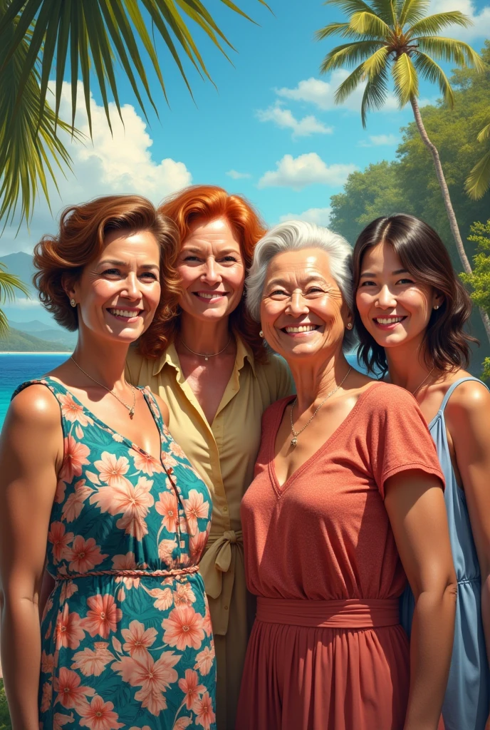 (the four tourists ), mature women (one a red head, the second elderly mother, the third Asian friend, and the 4th is a brunette daughter), posing in Hawaii, masterpiece, hyperdetailed painting, ((4girls))..