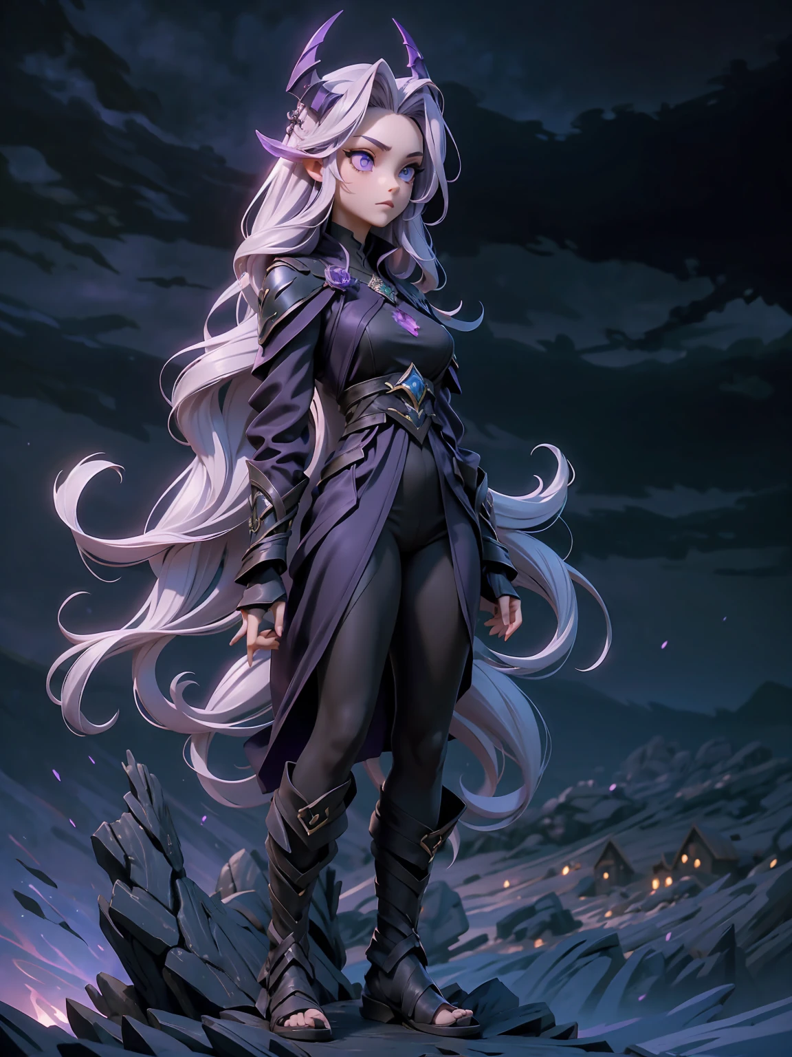 ((masterpiece, best quality, 8k))), mysterious female mage, (full-body), violet dragon silk robes, arcane glow, long wavy violet hair, braided crown, silver streaks, deep amethyst eyes, calm but intimidating expression, standing at the edge of a cliff overlooking a stormy sea, dragons rising from the waves, dark storm clouds illuminated by lightning, (ominous lighting, vibrant highlights)
