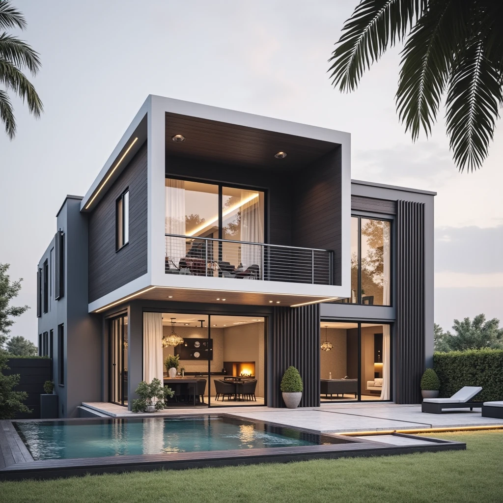 Le projet d'une maison sur un terrain de 420 mètres carrés. maison moderne à deux étages. Cour arrière herbeuse avec jacuzzi et jardin, Coin gourmand avec barbecue et table pour recevoir des amis. Éclairage dans le jardin et l'espace vert avec des plantes suspendues.