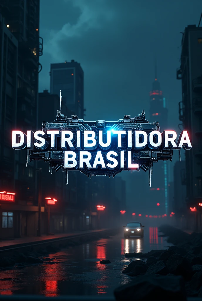 Create a logo with the name Distribuidora Brasil with a cinematic cybernetic background