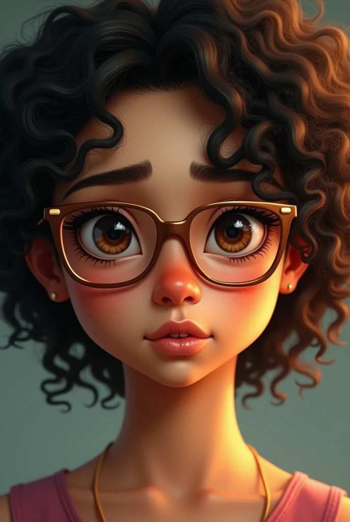 Une jeune femme 1. Visage :
• Peau matte doré.
• Yeux marron foncé avec cernes marqués et de l’hyperpigmentation en dessous des yeux.
• Visage ovale.
Mâchoire peu marquée
2. Cheveux :
• Crépus de type 4a, bien définis et volumineux.
3. Accessoires :
• Créoles dorés.
4. Lunettes :
• Grosses et CARREES, avec une fine monture.
5. Lèvres :
• Légèrement pulpeuses, lèvre du bas plus rosée.
un air Beaucoup MOINS enfantin et plus réaliste. C’est une adulte. Une expression du visage plus sérieuse.