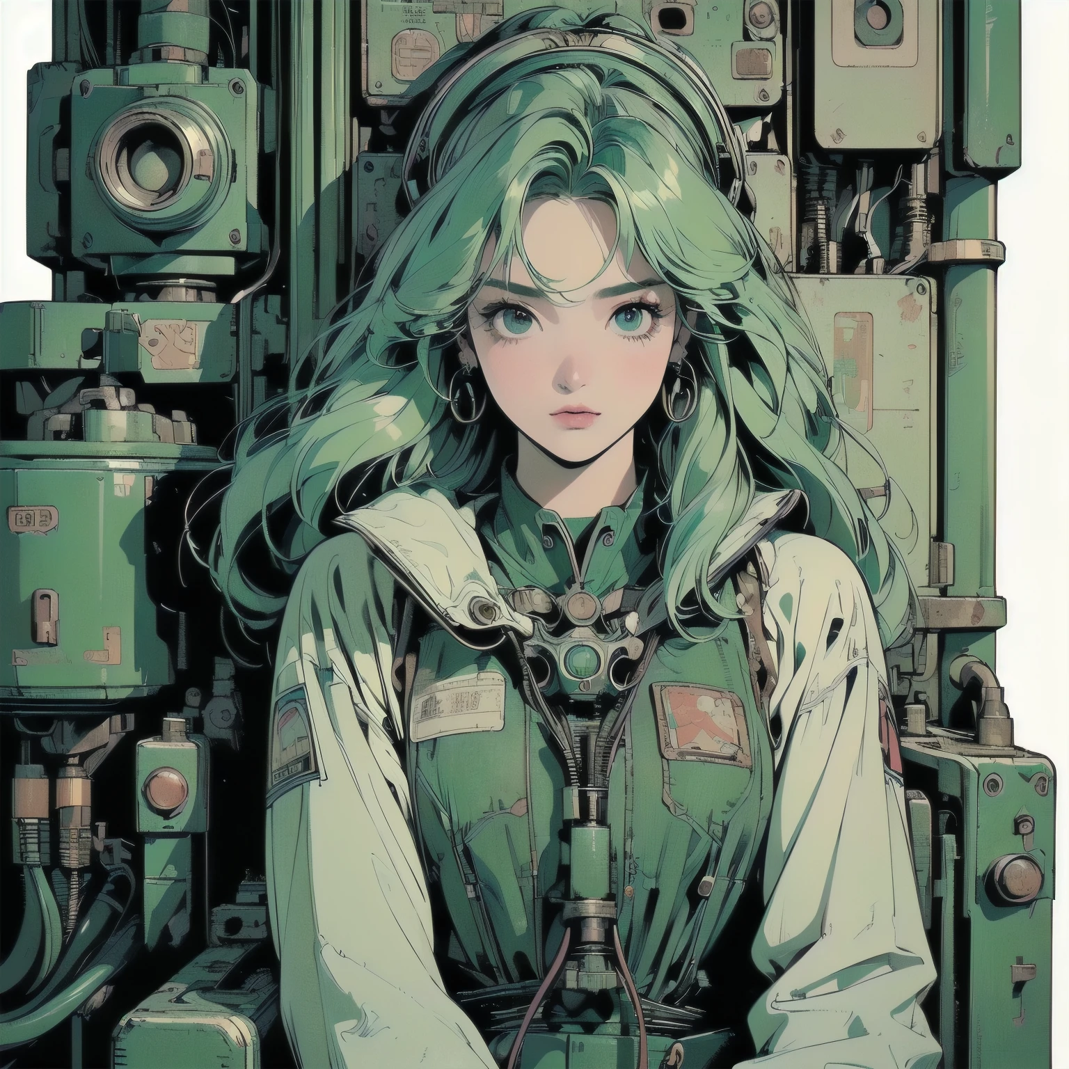 (((masterpiece, Highest quality)))、(((32K Wallpapers))), ultra high resolution, The most detailed black machine、((Outdated colorful machinery and a woman)))、The most detailed background、(((small Chest)))、(((Surrounded by many complex, sophisticated, Outdated machinery)))、((((Upper Body))))、 (one person:1.2), ((Dull colors))、A perfect Outdated machinery、(((Perfect Face)))、(((The most complete Outdated machinery)))、Detailed Hair、 (((Lots of cables)))、Close-up、(((Place your hands on the arms of the chair)))、(((A complex and huge engine)))、((White background only)))、(((signal machine)))、(((Sit on a long, vertically long mechanical chair)))、White space suit、(((Big overhead sign)))、(((pale green hair)))、(((Cable connected to a machine worn on the head)))、(((Very perfect and detailed face)))、(((mysterious)))