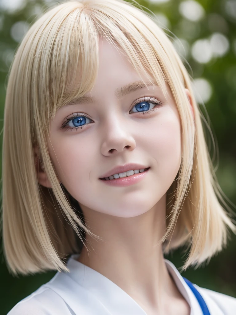 Photorealistic One Girl, Very detailed face with beautiful detailed eyes, Super short natural platinum blonde hair, Bright big blue eyes,Droopy eyes,smile,Nordic beauty, high quality, 最high quality, 8k, Ultra-realistic, Very detailed, High resolution, masterpiece,(Japanese junior high school girls' uniforms:1.5)
