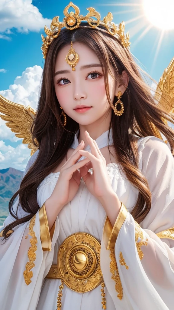 goddess Money nice Crown、Gorgeous angel、Above the Clouds、sun、Hands clasped in front of each other、Eye color is brown、髪の毛がMoney色