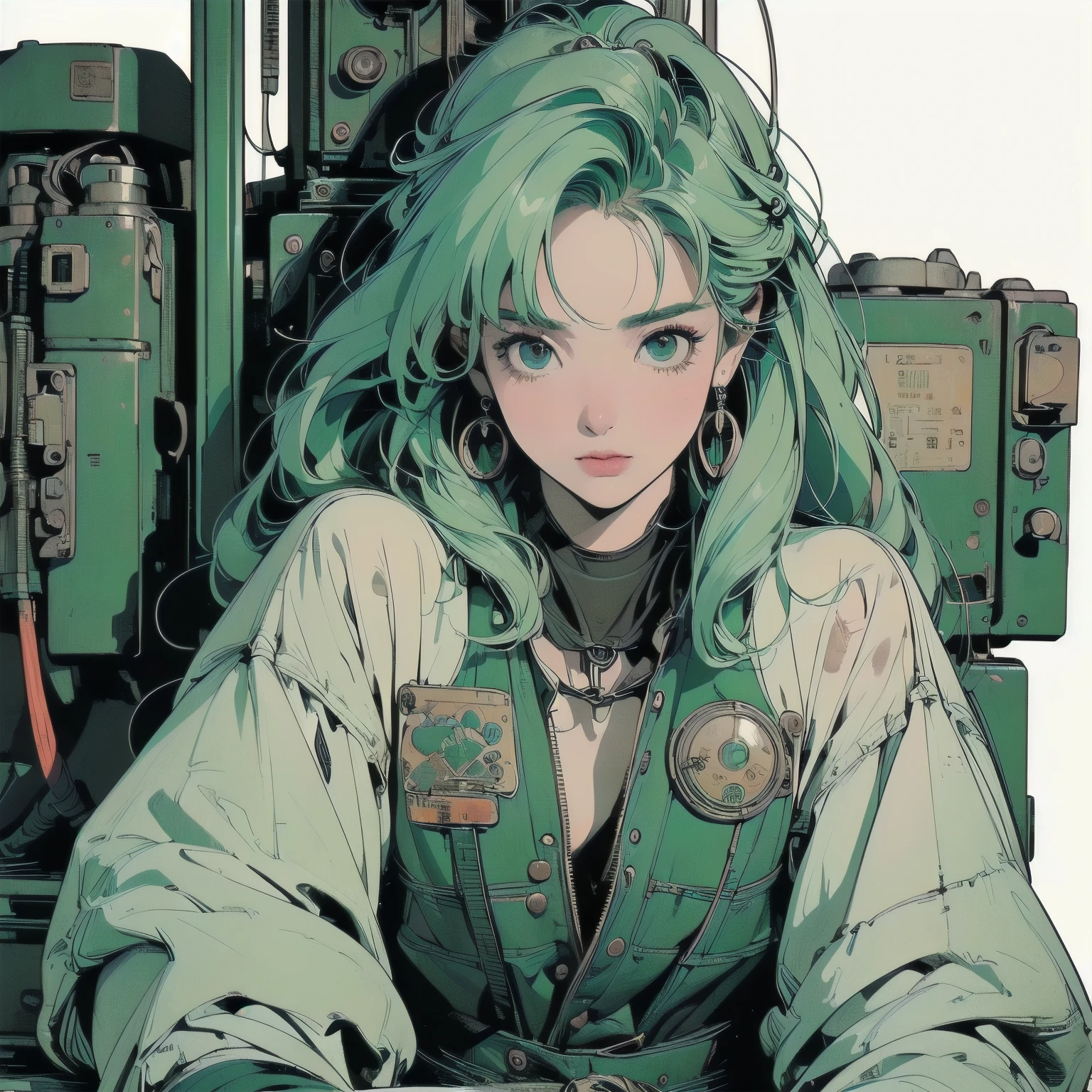 (((masterpiece, Highest quality)))、(((32K Wallpapers))), ultra high resolution, The most detailed black machine、((Outdated colorful machinery and a woman)))、The most detailed background、(((small Chest)))、(((Surrounded by many complex, sophisticated, Outdated machinery)))、((((Upper Body))))、 (one person:1.2), ((Dull colors))、A perfect Outdated machinery、(((Perfect Face)))、(((The most complete Outdated machinery)))、Detailed Hair、 (((Lots of cables)))、Close-up、(((Place your hands on the arms of the chair)))、(((A complex and huge engine)))、((White background only)))、(((signal machine)))、(((Sit on a long, vertically long mechanical chair)))、White space suit、(((Big overhead sign)))、(((pale green hair)))、(((Cable connected to a machine worn on the head)))、(((Very perfect and detailed face)))、(((mysterious)))