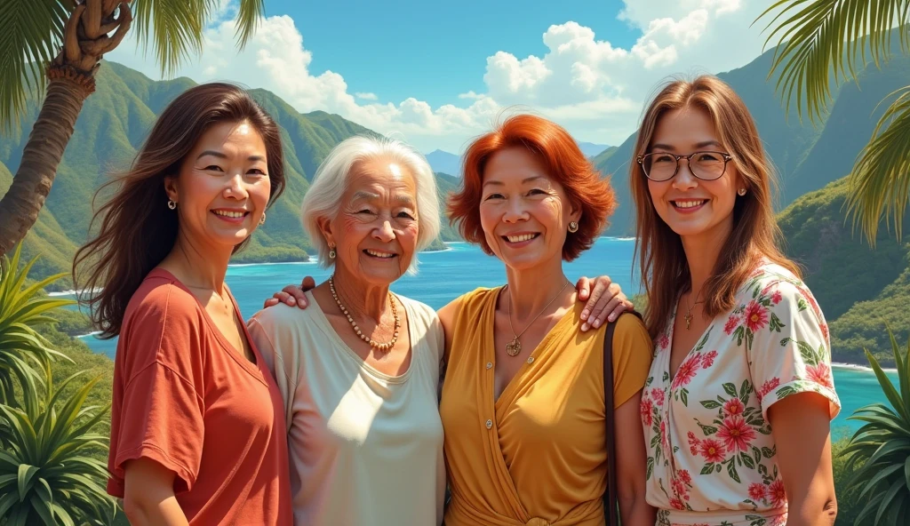 (the four tourists ), mature women (one a red head, the second elderly mother, the third Asian friend, and the 4th is a brunette daughter), posing in Hawaii, masterpiece, hyperdetailed painting, ((4girls))..
