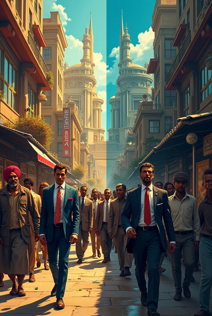 "Contrast of Wealth: A powerful thumbnail showcasing a split scene—one side depicting a bustling cityscape men with luxury and opulence, while the other side reveals, village area with struggling poor person individuals. Use striking colors and expressive faces to emphasize the disparity between the two worlds."