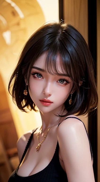 (masterpiece:1.3), (32K, photorealistic, RAW photo, best quality: 1.4), (1girl), beautiful face, (realistic face), (black hair, short hair:1.3), beautiful hairstyle, realistic eyes, beautiful detailed eyes, (realistic skin), beautiful skin, (sweater), absurdres, attractive, ultra high res, ultra realistic, highly detailed, golden ratio,(Slim figure),(Flat Chest),