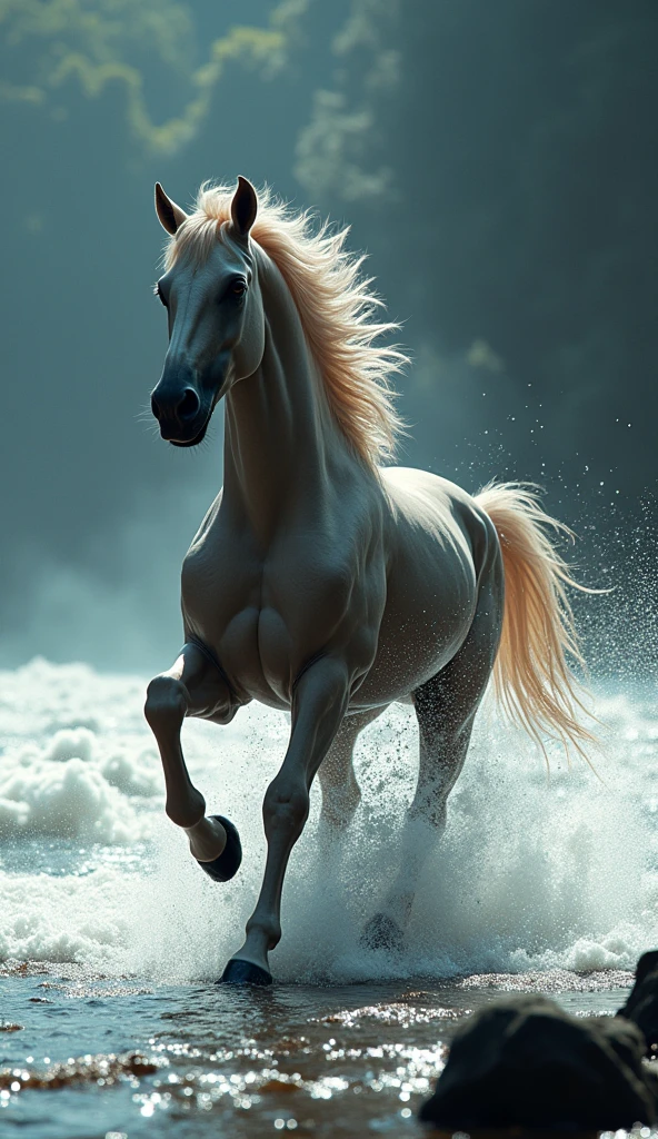a centaur with muscular body running across a river, water splashing, divine light, (best quality,4k,8k,highres,masterpiece:1.2),ultra-detailed,(realistic,photorealistic,photo-realistic:1.37),fantasy,mythical creature,dynamic movement,dramatic lighting,glowing aura,cinematic composition,flowing water,detailed fur and muscle anatomy,dramatic camera angle