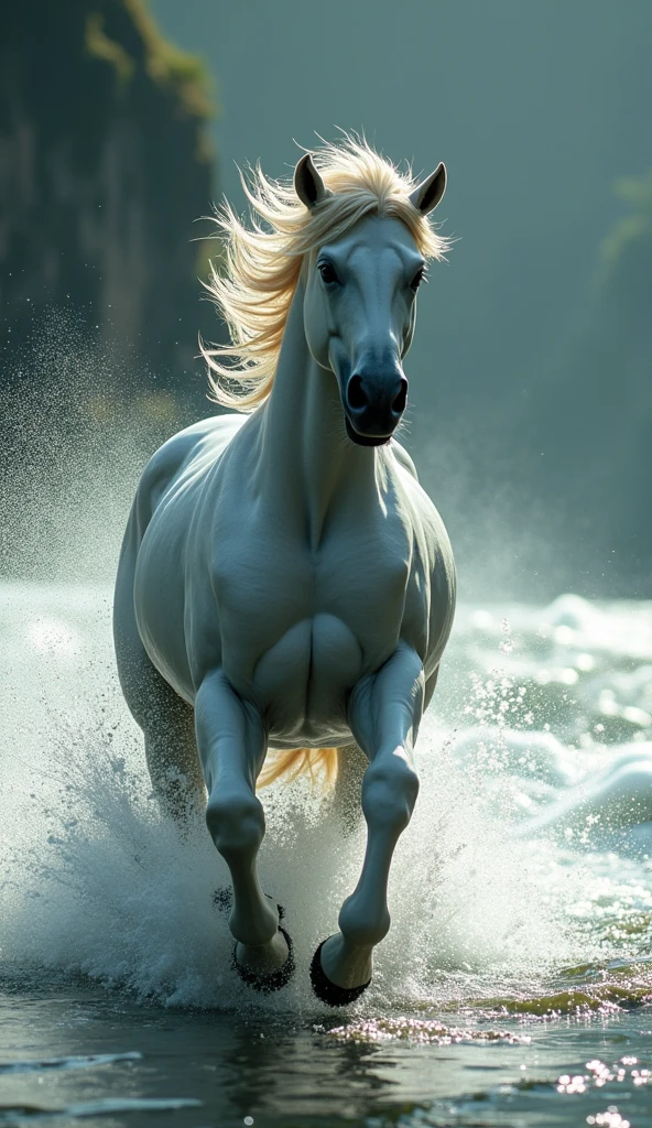 a centaur with muscular body running across a river, water splashing, divine light, (best quality,4k,8k,highres,masterpiece:1.2),ultra-detailed,(realistic,photorealistic,photo-realistic:1.37),fantasy,mythical creature,dynamic movement,dramatic lighting,glowing aura,cinematic composition,flowing water,detailed fur and muscle anatomy,dramatic camera angle