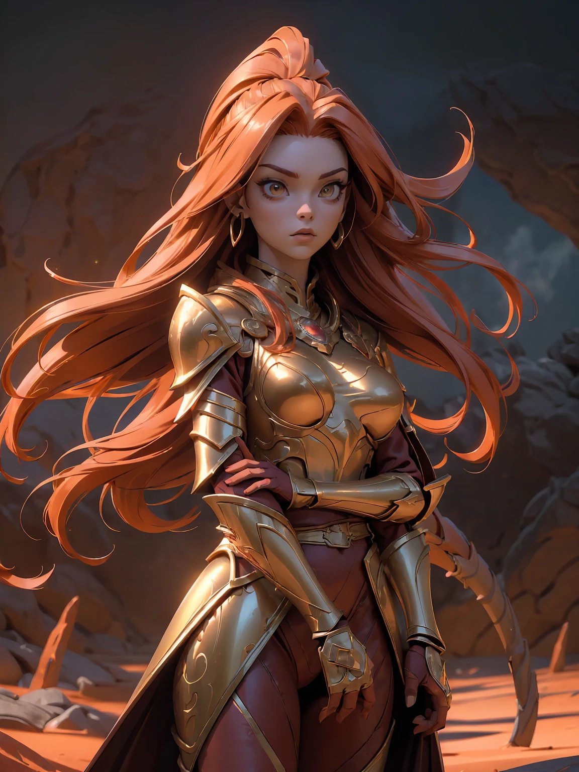 (((masterpiece, best quality, 8k))), fierce female leader, (full-body), golden dragon ceremonial armor, radiant glow, long flowing crimson hair, strands caught in the wind, fiery orange eyes, a look of absolute authority, leading an army through a volcanic wasteland, lava flows around her, dragons soaring through ash-filled skies, (intense lighting, dramatic backlight)