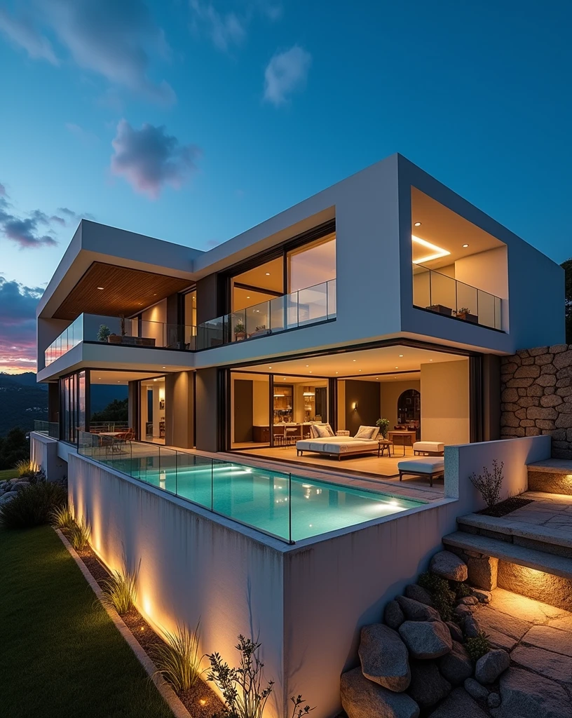 RAW photo,Masterpiece, high quality, best quality, authentic, super detail, exterior, one villa style modern on the mountainside , (Modern minimalist lines:1.2),(white wall:1.1), railing glass, glass windows,trees, grass, ((sunset)), sky, vivid colour, (high detailed :1.2), 8k uhd, dslr, soft lighting, high quality, film grain, Fujifilm XT3Negative promt: (normal quality), (low quality), (worst quality), paintings, sketches,lowres, text, cropped, worst quality, low quality, normal quality, signature, watermark, username, blurry,skech,logo,blurry, drawing, sketch, poor quality, ugly, low resolution, saturated, high contrast, oversharpened,low quality, bad anatomy, worst quality,deformed, disfigured, cropped, jpeg artifacts, error, mutation,noise,UnrealisticDream