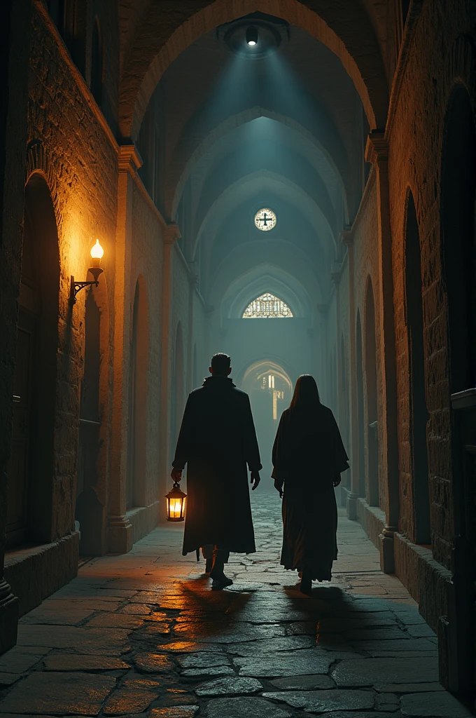 Dark Monastery Corridor and a Man and a Woman Walking with a Lantern