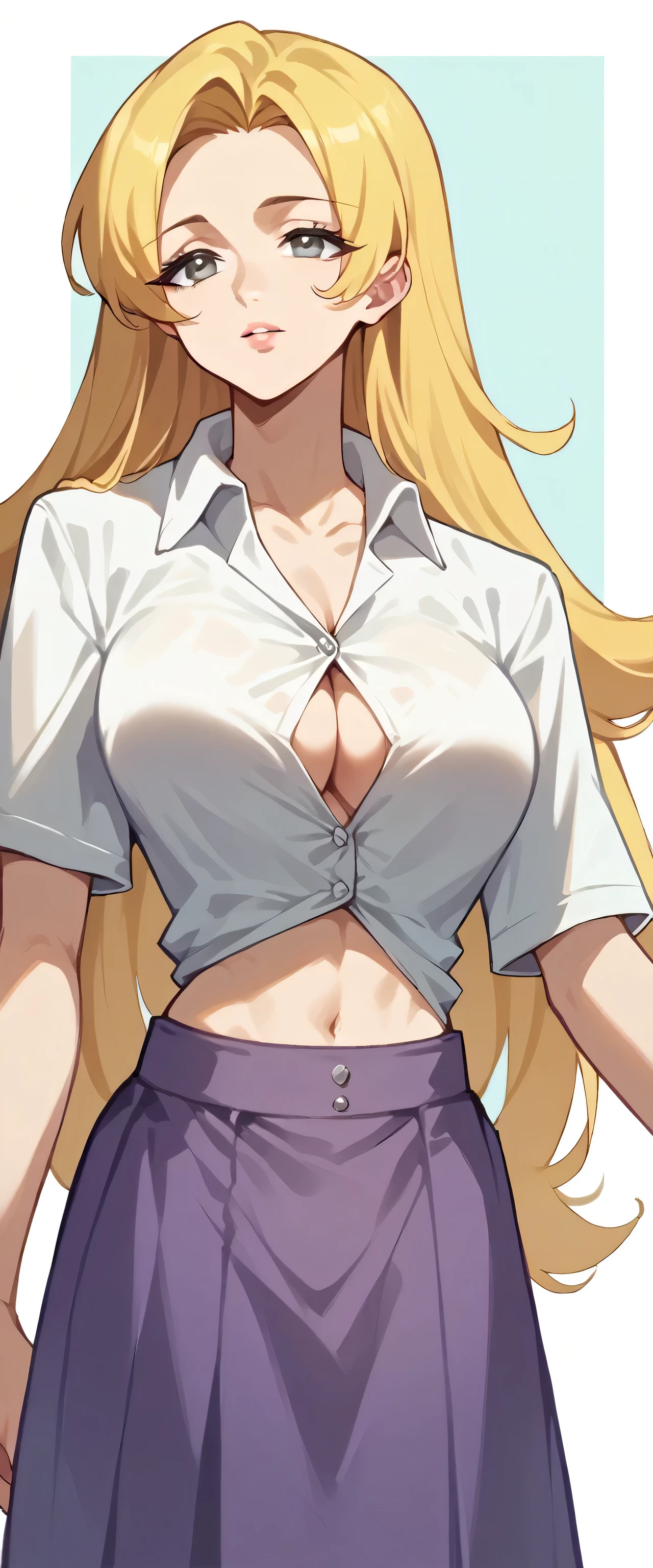 A tall girl with big breasts, beautiful, long yellow hair, gray eyes, pink lips, wears a white button-down shirt tied with a knot, showing her chest, showing her belly button, and a long purple skirt
