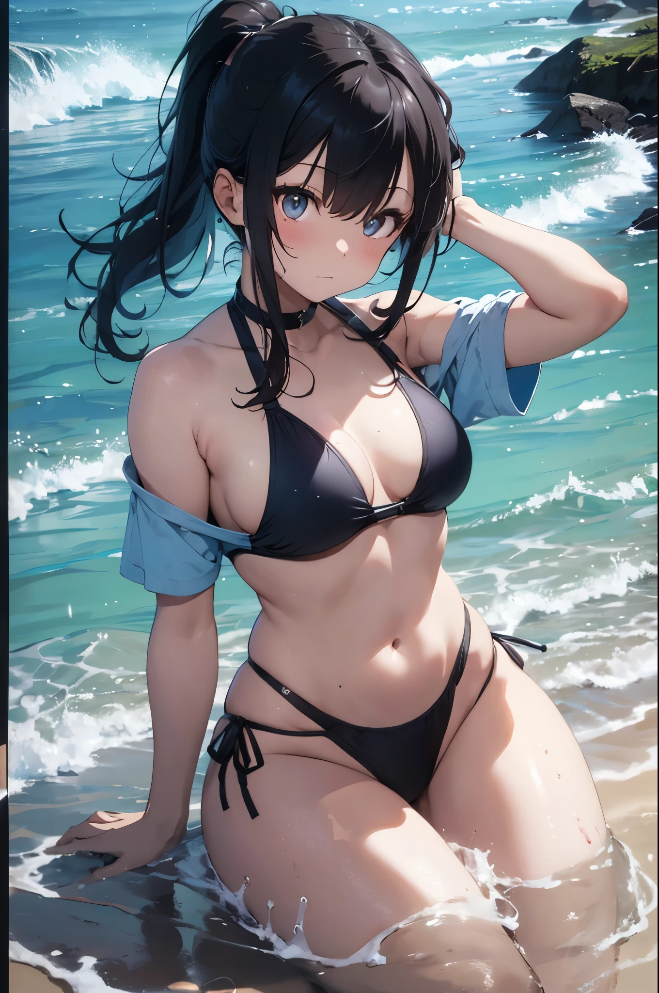 4K,8k,High resolution,Pink Swimsuit、
Quite a young woman,Blue Hair、Ponytail Blue Swimsuit、
(Soft Saturation:1.3), (Fair skin:1.2),
(ultra-Detailed Background, Detailed Background), Bokeh,
break'Smiling portrait.,
When viewed from the front, The composition is symmetrical,
Looking straight at you with serious eyes,
break Swimwear, Blue Bikini, Center of chest,
Outdoor, Sea surface, null, sunlight,Summer beach, Sandy Beach,
Strong light, Front lighting,
(:1.3), (Cowboy Shot:1.2),
Front brake angle,
View your viewers,
Dynamic pose,
sitting on the beach
Wakame seaweed、Wakame seaweed、
Seaweed、Seaweed、Seaweed、Seaweed、Seaweed、Seaweed、Seaweed、