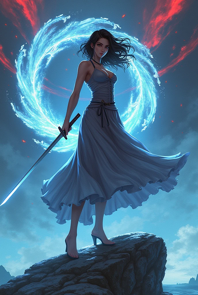 a woman standing on top of a rock, her sword leaves a wave of water, photo by , Rurouni Kenshin, red blue color palette, rippling water, gunshot, magic art flowing from hands, rippling liquid, tpose, nanquan , half face in water , protagonist, Muichiro Tokito , ability image, ((ai art queen god))