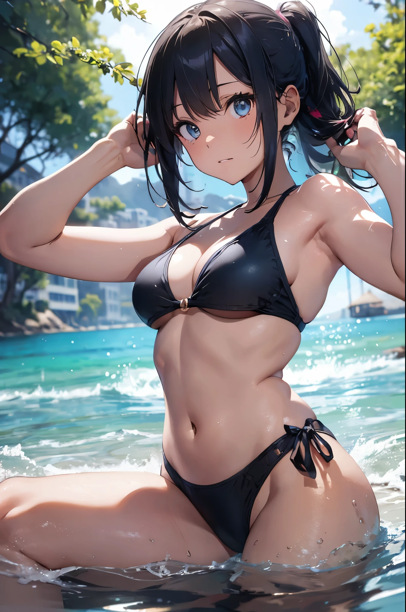4K,8k,High resolution,Pink Swimsuit、
Quite a young woman,Blue Hair、Ponytail Blue Swimsuit、
(Soft Saturation:1.3), (Fair skin:1.2),
(ultra-Detailed Background, Detailed Background), Bokeh,
break'Smiling portrait.,
When viewed from the front, The composition is symmetrical,
Looking straight at you with serious eyes,
break Swimwear, Blue ??????, Center of ?????, 
Outdoor, Sea surface, null, sunlight,Summer beach, Sandy Beach,
Strong light, Front lighting, 
(Teen:1.3), (Cowboy Shot:1.2),
Front brake angle,
View your viewers,
Dynamic pose,
sitting on the beach
Wakame seaweed、Wakame seaweed、
Seaweed、Seaweed、Seaweed、Seaweed、Seaweed、Seaweed、Seaweed、