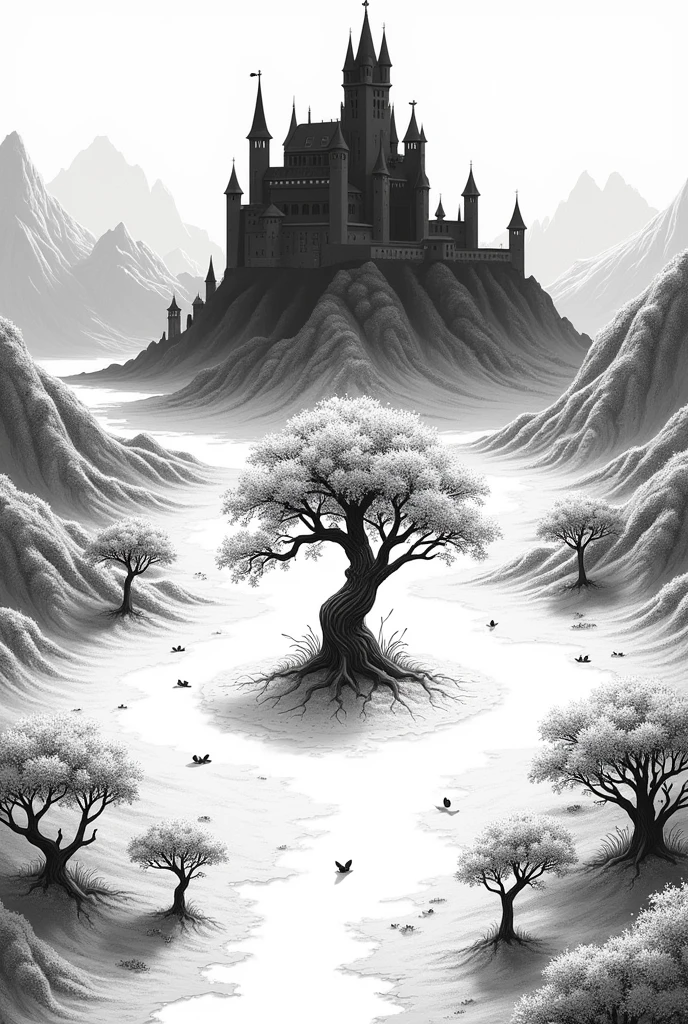 create a black and white map. In the middle of the map there is a place with a small castle below. just below a place surrounded by small trees with a large tree in the middle and further down the map a large place with a dark castle.