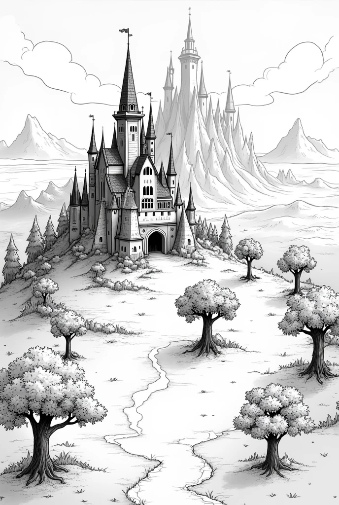 create a black and white map. In the middle of the map there is a place with a small castle below. just below a place surrounded by small trees with a large tree in the middle and further down the map a large place with a dark castle.
