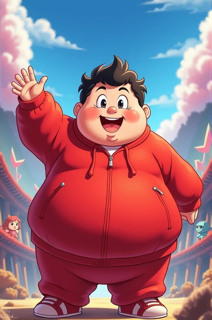Create an anime cover with a chubby character wearing a red outfit, his name is jhow