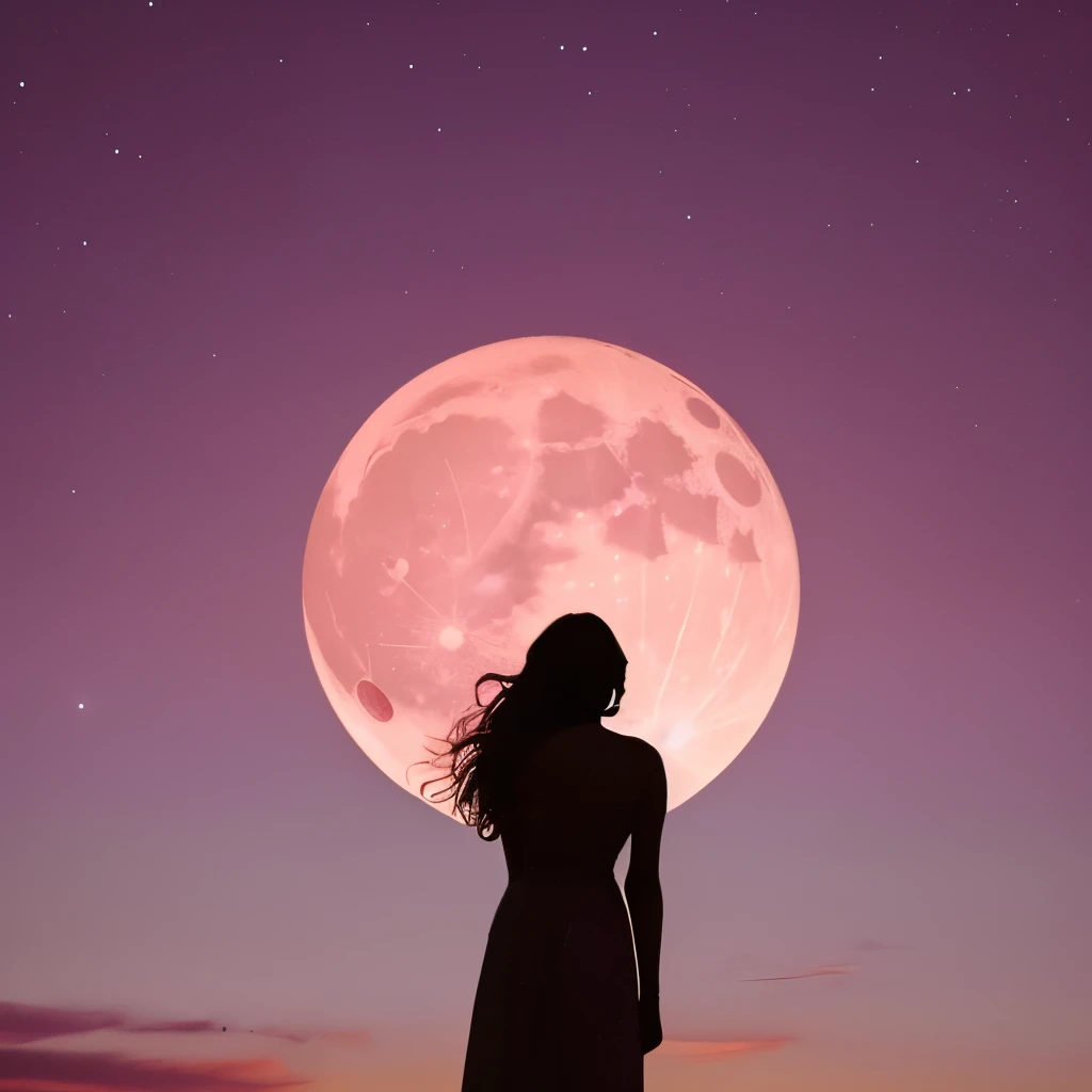 a pink moon in the sky with clouds and stars, a picture by Anna Haifisch, trending on unsplash, aestheticism, pink moon, ☁🌪🌙👩🏾, giant pink full moon, ✨🕌🌙, heaven pink, pink skies, beautiful as the moon, pink clouds, the sky is pink, moon in the sky