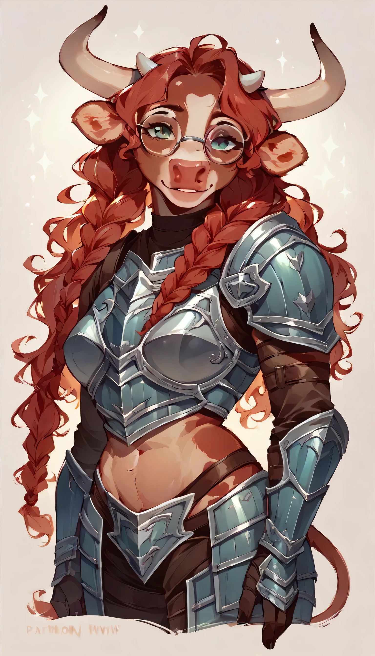 ((NSFW, Revealing Bovine Armor:1.3)), sexy bovine woman, Furry, spotted fur, wavy red hair, braided pigtails, glasses