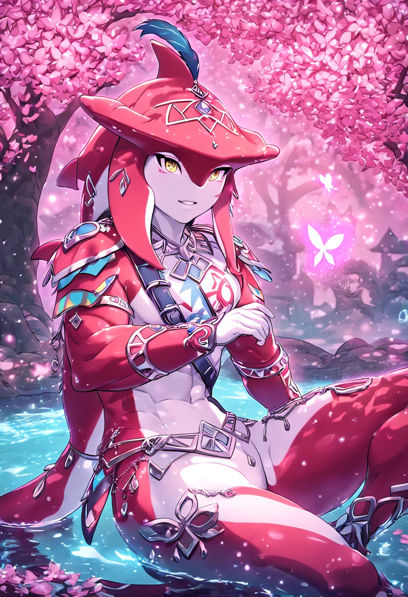 absurdres, highres, ultra detailed, HDR, master piece, best quality, extremely detailed, Sidon, white skin, expressive yellow eyes, The Legend Of Zelda Breath Of The Wild, solo, sexy zora, manly zora, red zora, adult face, sitting, handsome, prince, water, under a pink tree, fantasy, magical, glittering fireflies, pink butterflies, pink flames, magic, pink leaves