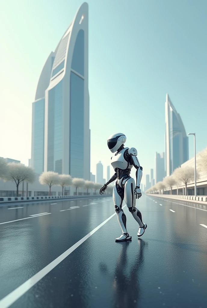 asphalt road from the right camera And beside it there is a building and there is a water robot walking