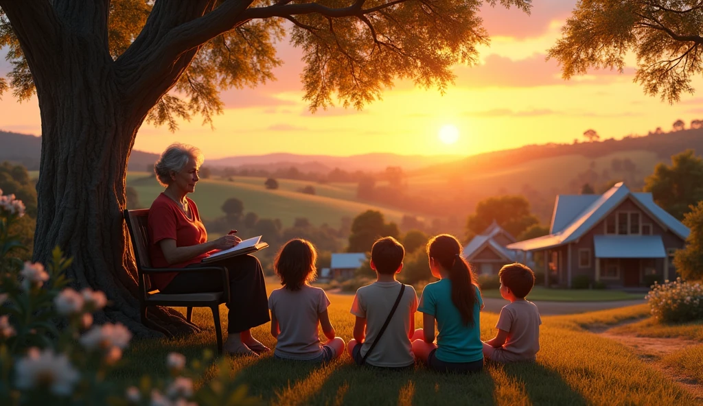 Super realistic image, 8K, elderly lady with silver hair, sitting in a chair under a tree in the corner of a small village, with 3 young women and 3 young men in their 30s sitting on the ground around her paying attention to her stories, view of the sun setting behind them dyeing the sky orange and gold, village with several houses among hills, fields and many trees, at dusk, narrow streets, old houses in the Australian style.