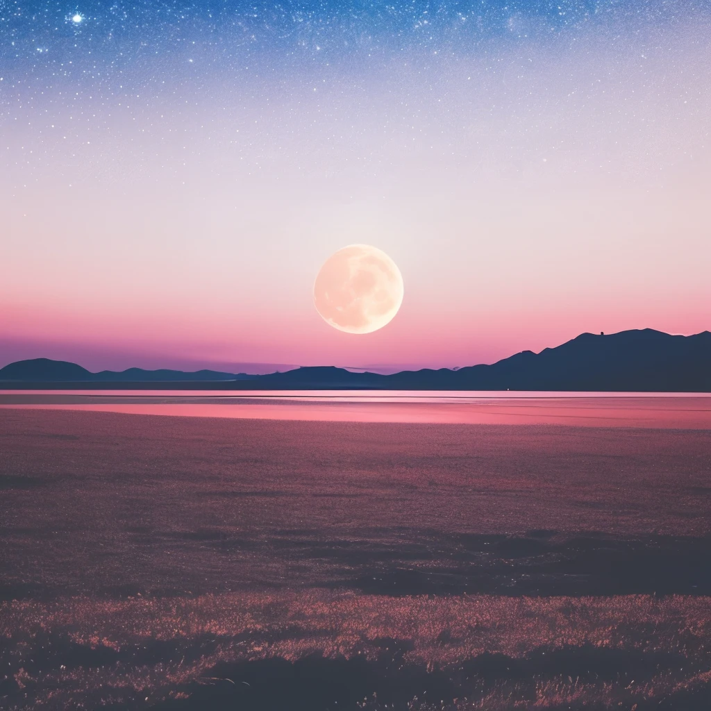 a pink moon in the sky with clouds and stars, a picture by Anna Haifisch, trending on unsplash, aestheticism, pink moon, ☁🌪🌙👩🏾, giant pink full moon, ✨🕌🌙, heaven pink, pink skies, beautiful as the moon, pink clouds, the sky is pink, moon in the sky