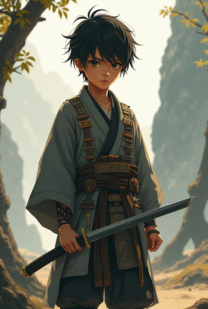 create an image of a boy, dark hair ,
with big brown eyes ,light brown skin,
Japanese warrior dress