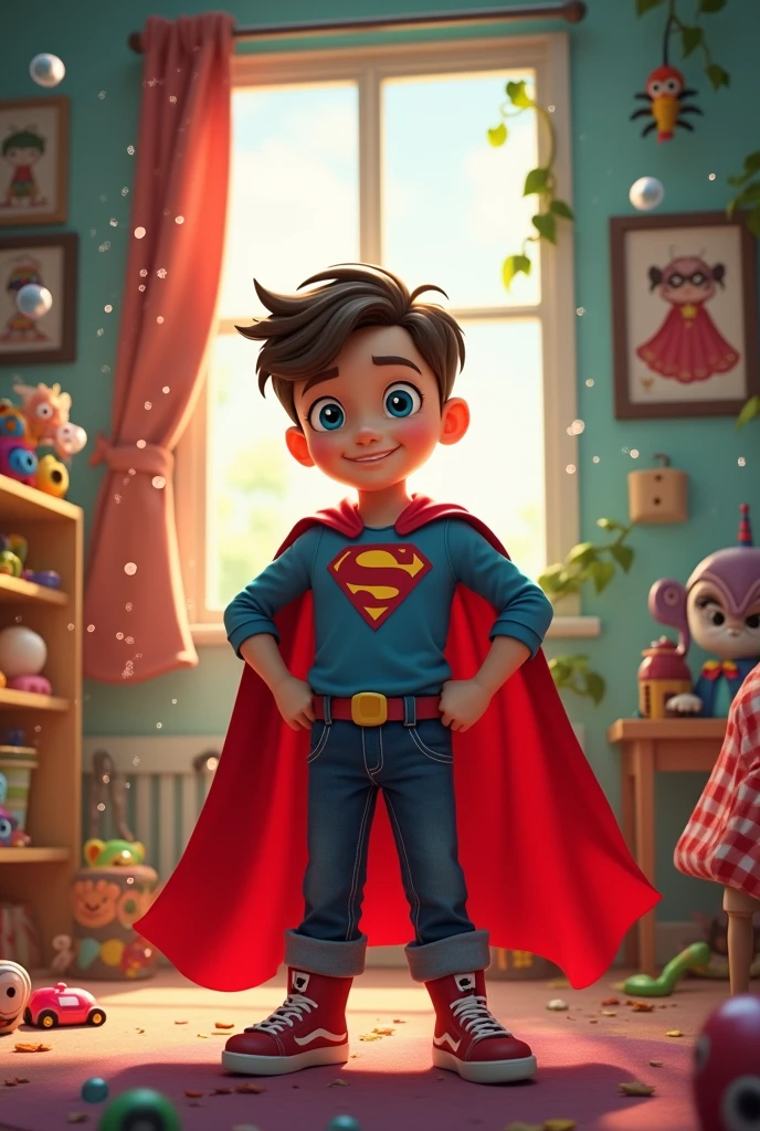 A young boy, around , stands confidently in his messy bedroom with toys scattered around. He wears a red superhero cape that's slightly too big, but his eyes shine with determination. The room is bright and colorful, filled with posters of superheroes."
Fairyland