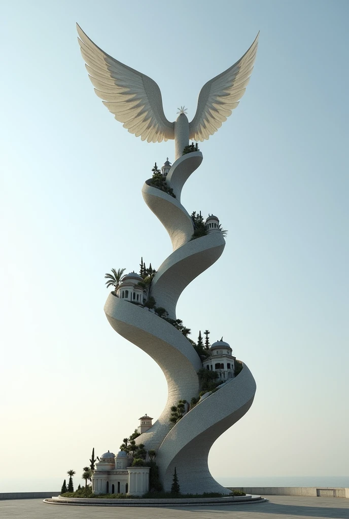 **Upward Spiral**:
   - **estate**: A spiral-shaped pedestal that starts on the ground and rises toward the sky, symbolizing growth and connection to the earth.
   - **Alas**: At the top of the spiral, a pair of large, abstract wings that could be made of translucent materials, representing openness to new possibilities and unity in diversity.
   - **Architectural details**: Along the spiral, Small reliefs or sculptures representing architectural elements from different Latin American countries could be integrated., like arches, domes, and ceramic details.