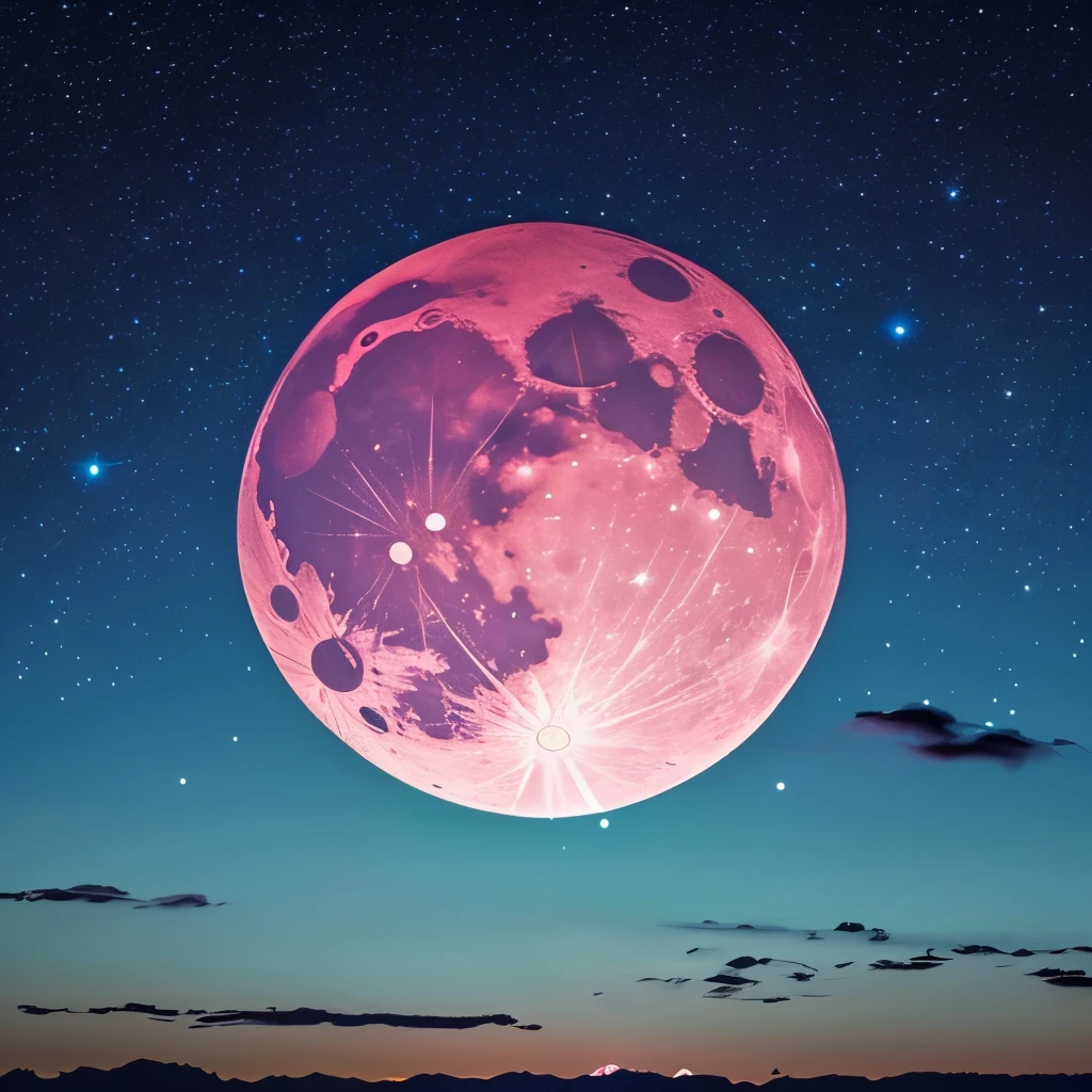 a pink moon in the sky with clouds and stars, a picture by Anna Haifisch, trending on unsplash, aestheticism, pink moon, ☁🌪🌙👩🏾, giant pink full moon, ✨🕌🌙, heaven pink, pink skies, beautiful as the moon, pink clouds, the sky is pink, moon in the sky