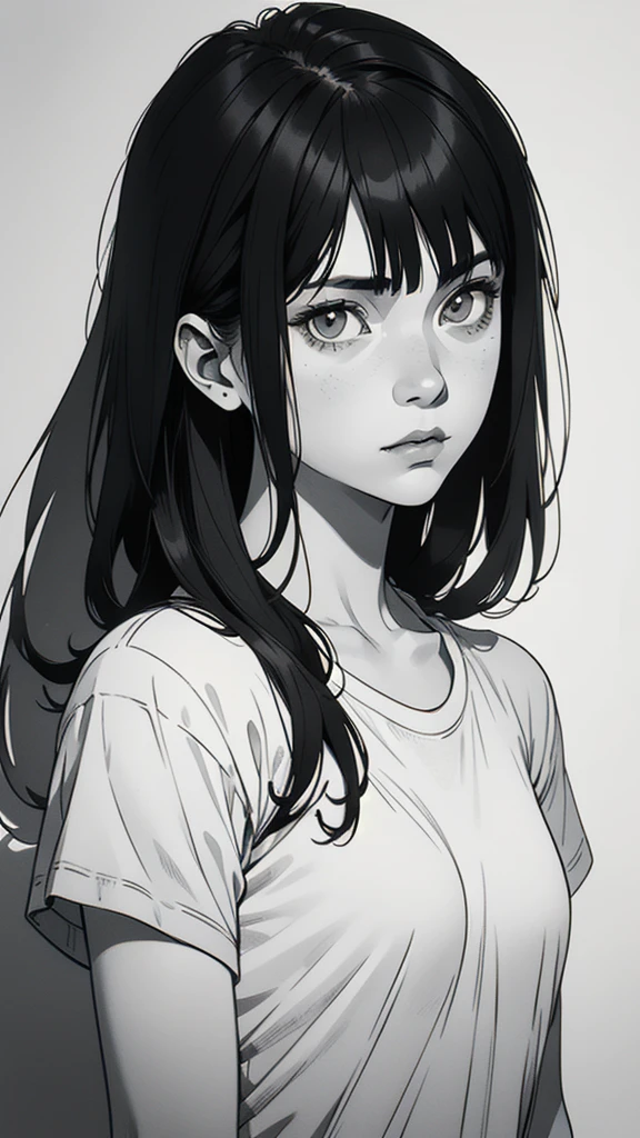 1 boyish girl, solo, sharp eyes, expressionless, monochrome, greyscale, short black hair, portrait, white T-shirt, closed mouth, looking at viewer, graphite \(medium\), detailed lips, hatching \(texture\), without makeup, bangs, upper body, (best illustration), (best quality), (very detailed), (masterpiece), expressionless,