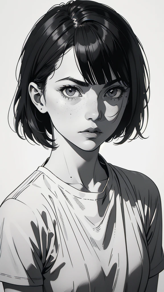 1 boyish girl, solo, sharp eyes, expressionless, monochrome, greyscale, short black hair, portrait, white T-shirt, closed mouth, looking at viewer, graphite \(medium\), detailed lips, hatching \(texture\), without makeup, bangs, upper body, (best illustration), (best quality), (very detailed), (masterpiece), expressionless,