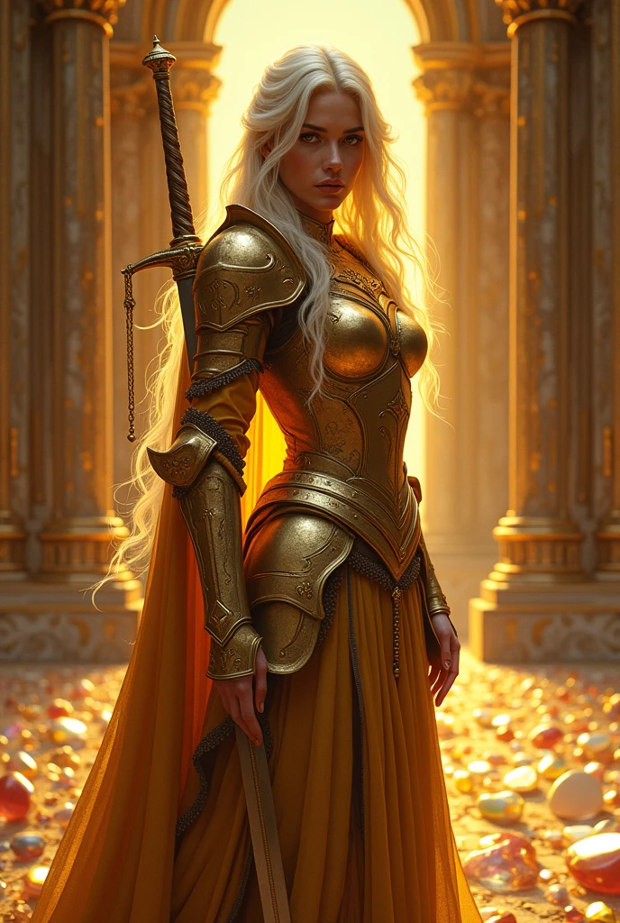 European woman in a palace full of precious stones , She is wearing golden armor and carries a large sword on her back , the color of your eyes is golden and your hair looks like pure light, art medieval
