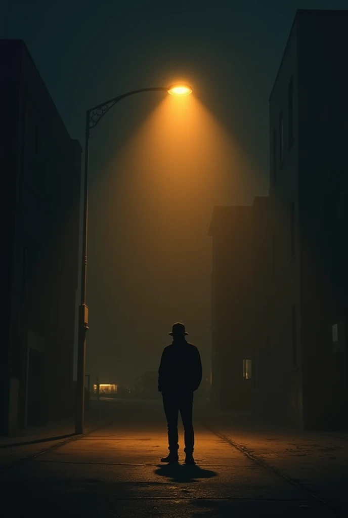 Man alone under a street lamp at night which illuminates with nothing around 