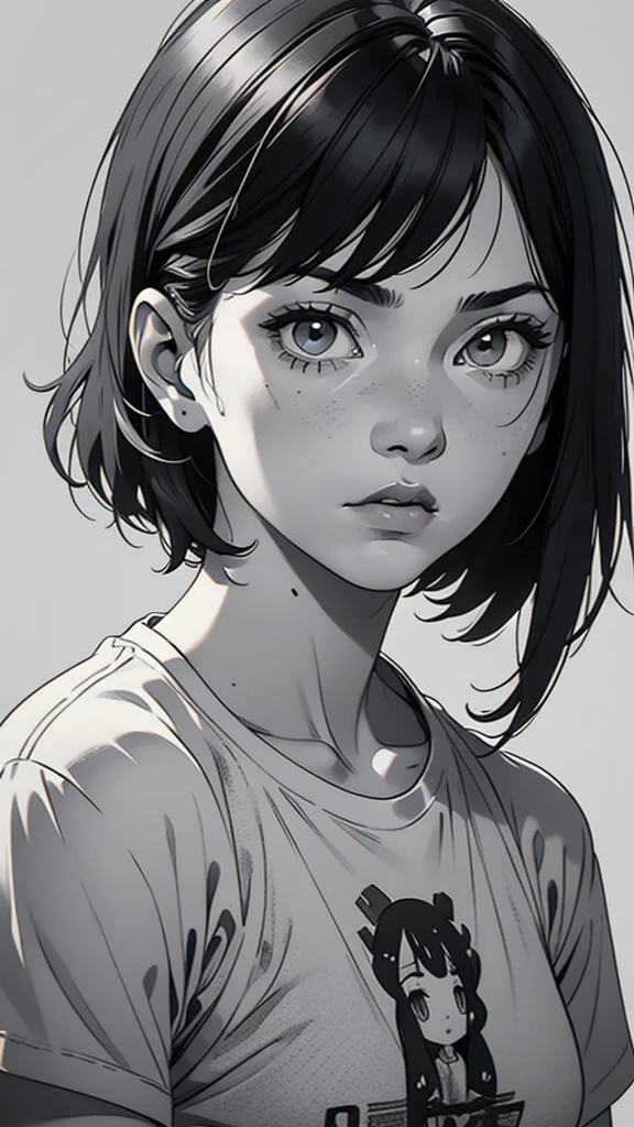 1 boyish girl, solo, sharp eyes, expressionless, monochrome, greyscale, short black hair, portrait, white T-shirt, closed mouth, looking at viewer, graphite \(medium\), detailed lips, hatching \(texture\), without makeup, bangs, upper body, (best illustration), (best quality), (very detailed), (masterpiece), expressionless,