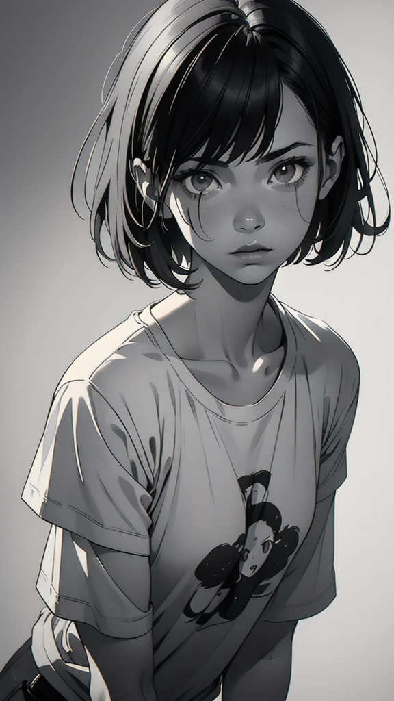 1 boyish girl, solo, sharp eyes, expressionless, monochrome, greyscale, short black hair, portrait, white T-shirt, closed mouth, looking at viewer, graphite \(medium\), detailed lips, hatching \(texture\), without makeup, bangs, upper body, (best illustration), (best quality), (very detailed), (masterpiece), expressionless,