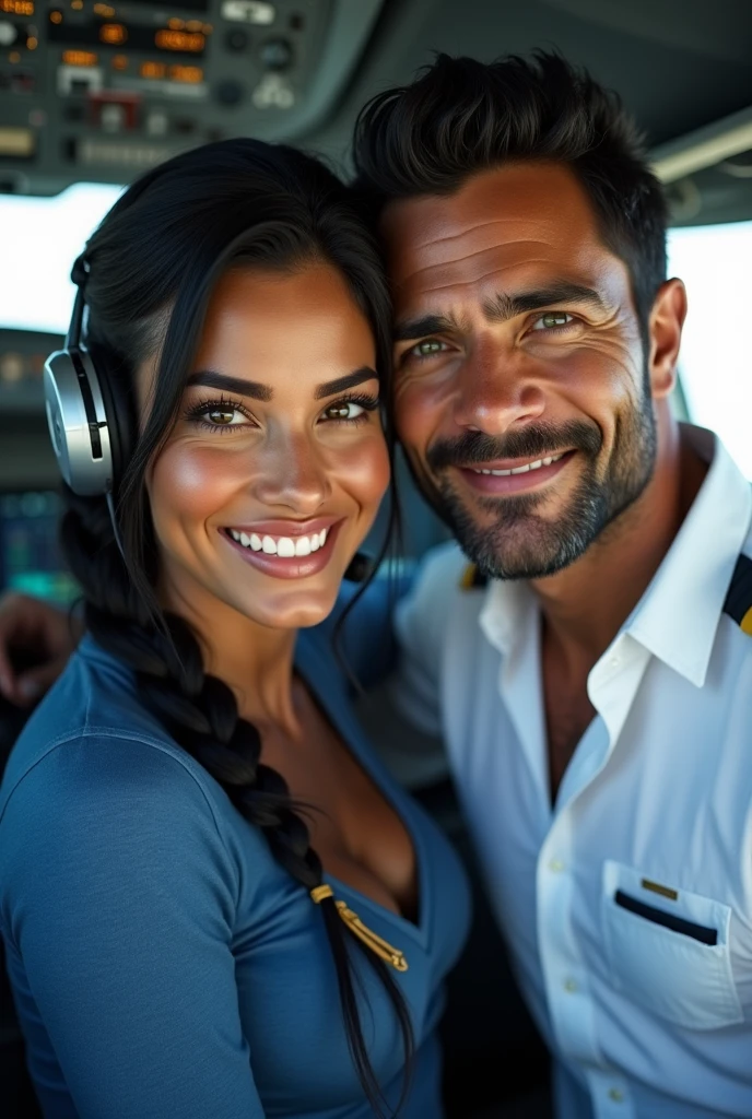 (photorealism: 1.2), hot brazilian sexy girl in sexy dynamic pose. raw portrait photography, hyper realistic and detailed face, complex and realistic skin texture, hot body, athletic body, smiling, long black hair with braid, dressed with long blue sweatshirt and headset with microphone with with the pilot, handsome tanned guy, Brazilian, beard and beautiful smile, green eyes, black hair, white pilot shirt in the cockpit airbus