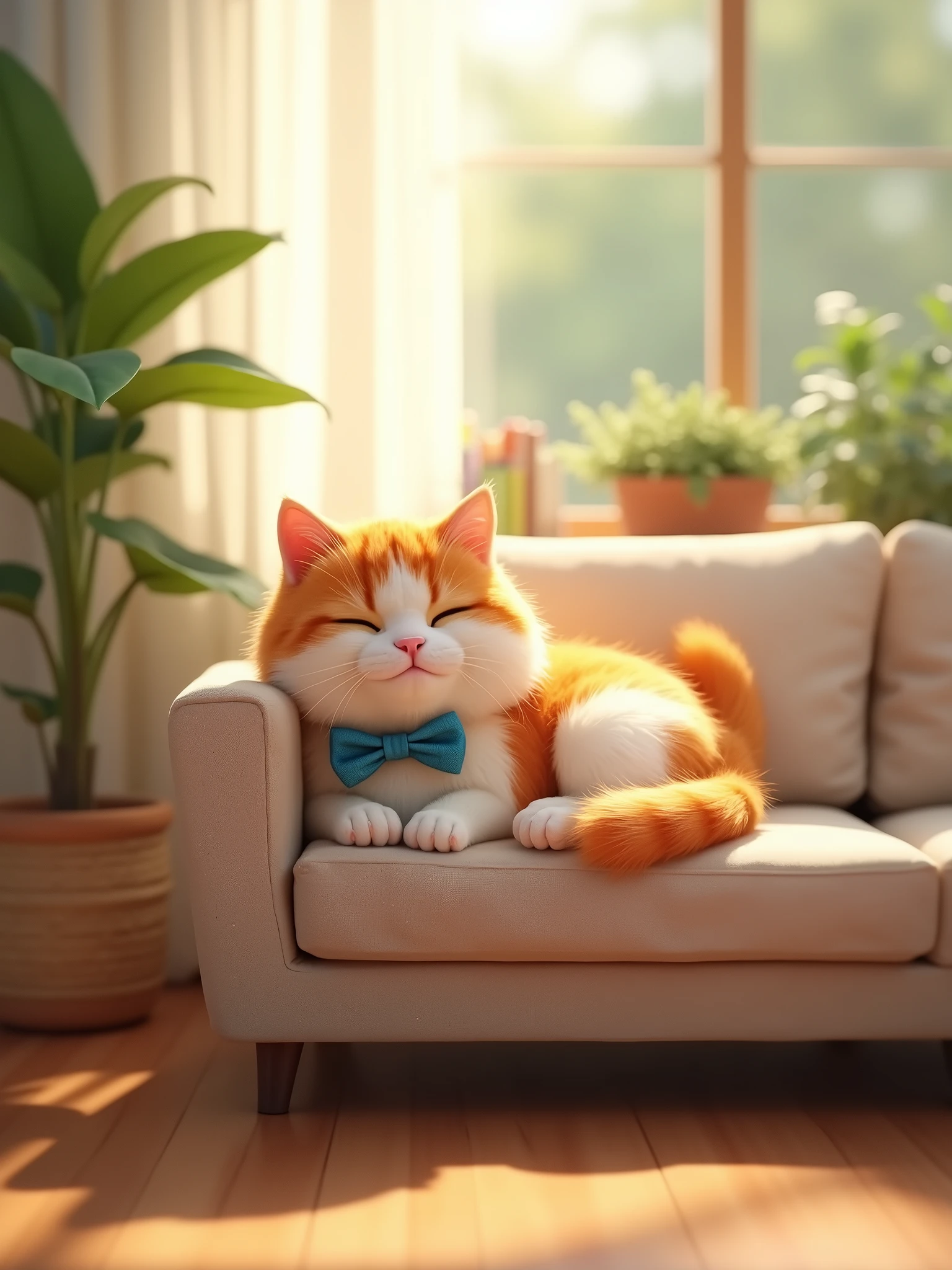 A cute, fluffy cat sitting in a cozy living room. The room has a soft beige sofa, green indoor plants by the window, and a warm wooden floor. The cat has soft, orange and white fur, with a small blue bow tie around its neck. Sunlight gently streams in through the window, casting a warm glow on the cat and highlighting its playful and relaxed demeanor. The scene is realistic, with natural light and detailed textures.