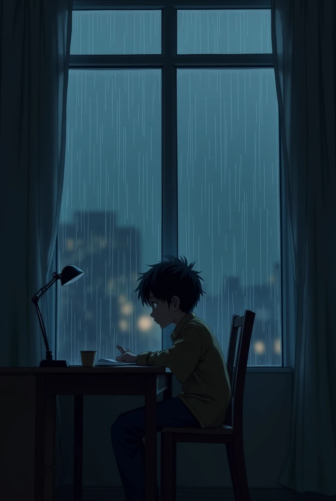 A boy seating on his desk and out side his window rain is coming in the night 